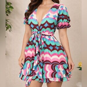 Puff Sleeve V-Neck Ruffle Dress